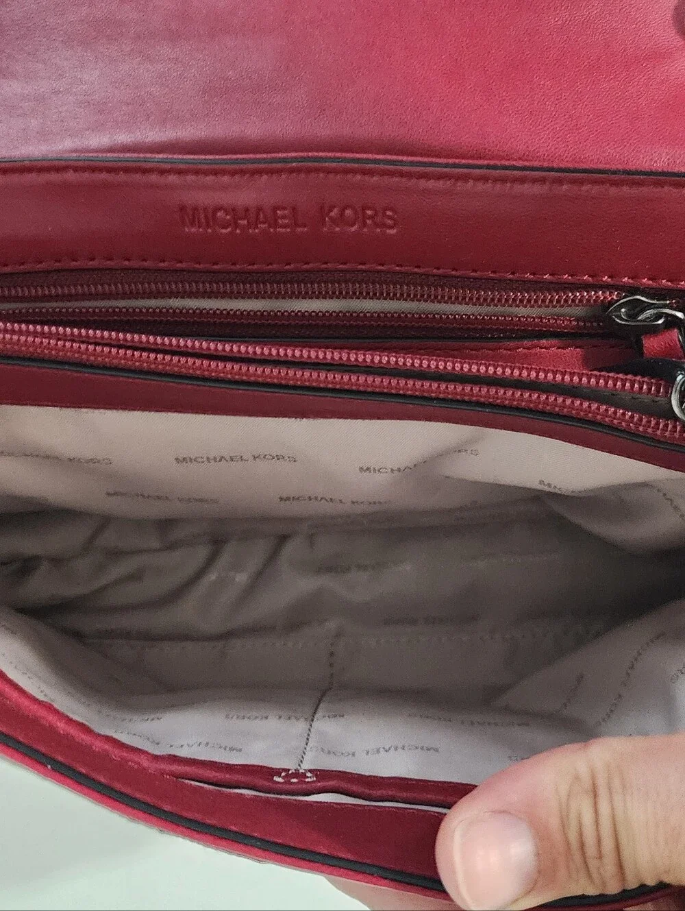 Michael Kors Red Shoulder Bag with Black Lace Overlay & Chain Strap